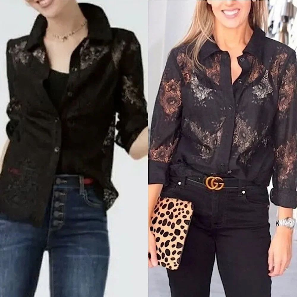 Cabi 3758 St. Regis Blouse black sheer lace button up goth witchy whimsy top S